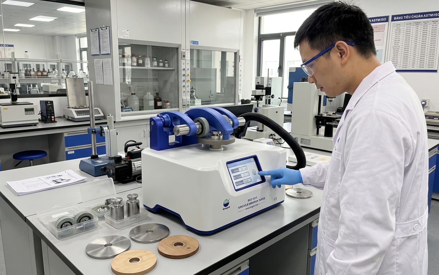 Kỹ thuật viên thao tác vận hành máy kiểm tra độ mài mòn BGD 523/S Biuged trên màn hình cảm ứng trong phòng thí nghiệm